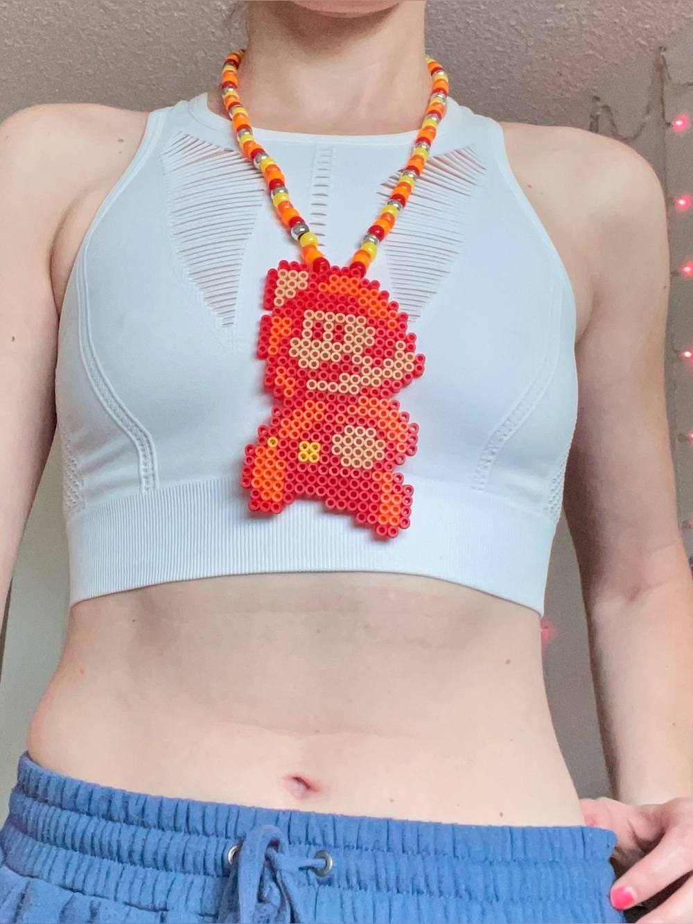Handmade Kandi Necklace – Mario Toy Charm | Red & Orange Glow Beaded Rave Festiv